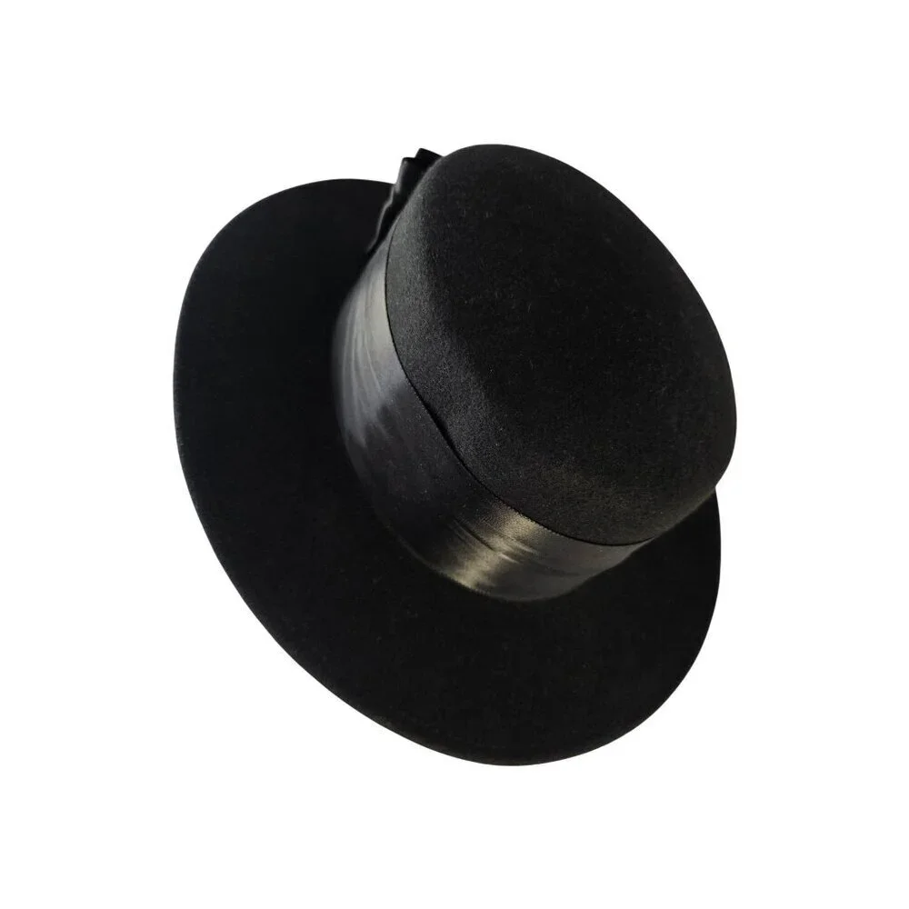 Vintage Black Wool Felt Hat Flat Crown Ribbon Band Formal Dress Hat USA 70s-90s